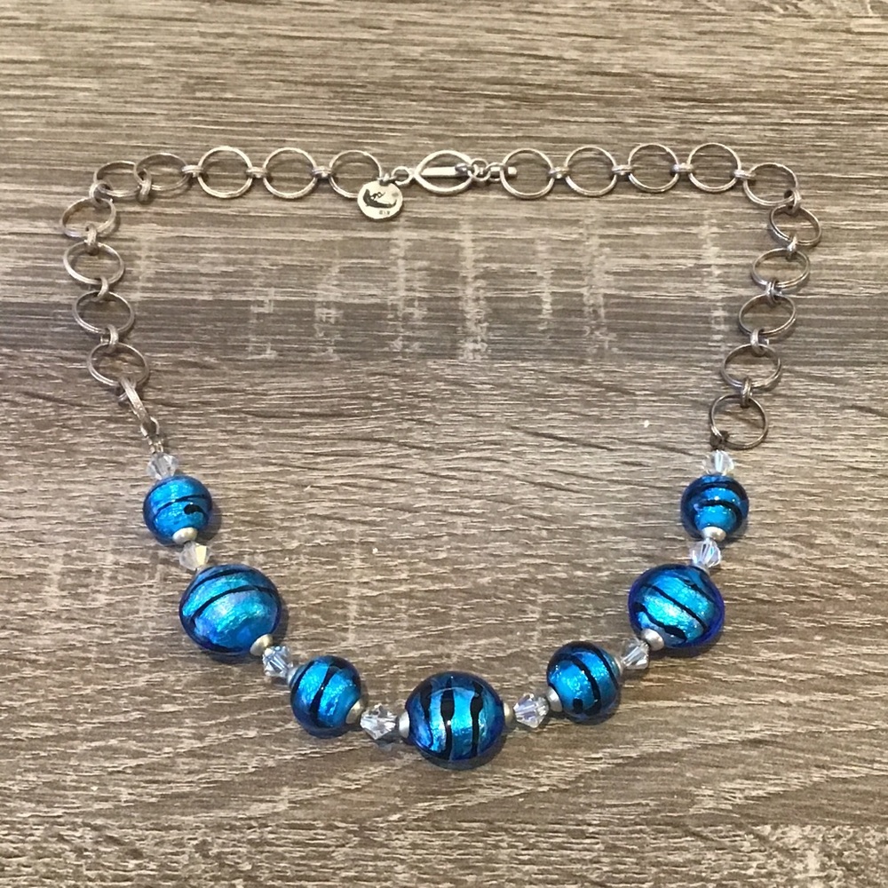 Sterling Silver Blue Foil Art Glass Beaded Chain Necklace 20" Long